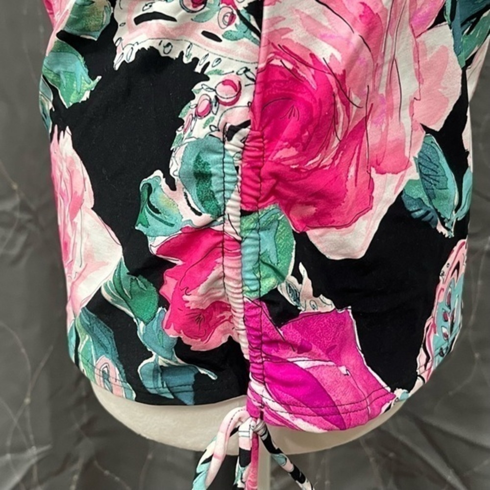 Carmen Marc Valvo Tankini Top Pink Floral Ruched Tie Side Corded Hem $110 C2H268 - Picture 15 of 16